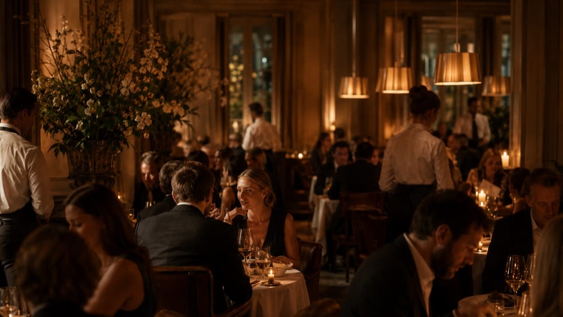 A busy restaurant dining room mid-service, guests at every table and waiting staff moving between them.
