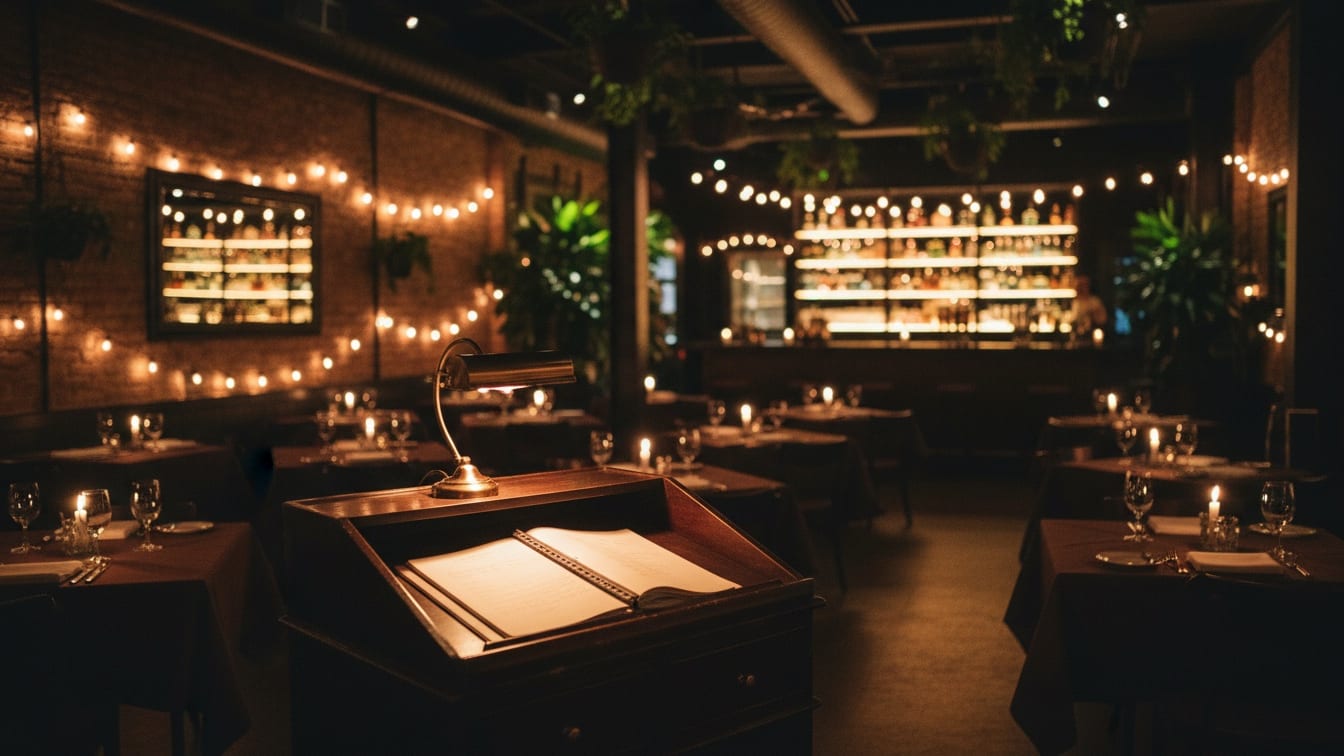 A reservation book open on a restaurant host stand, lit by a desk lamp, with the dining room behind it.